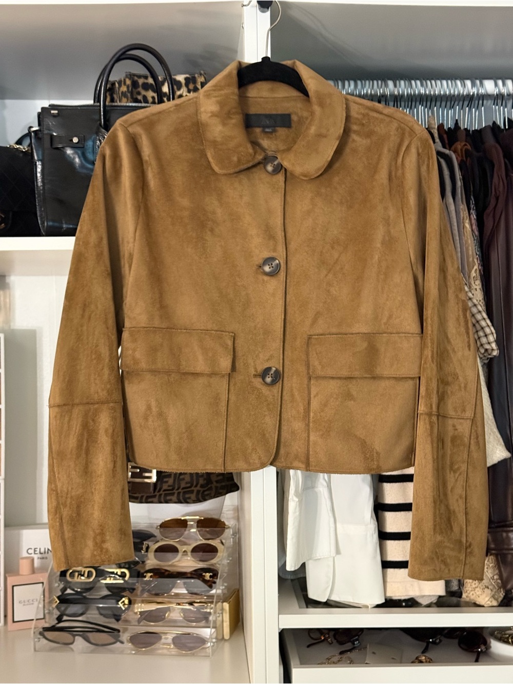 H&M Tan Suede Cropped Button Jacket